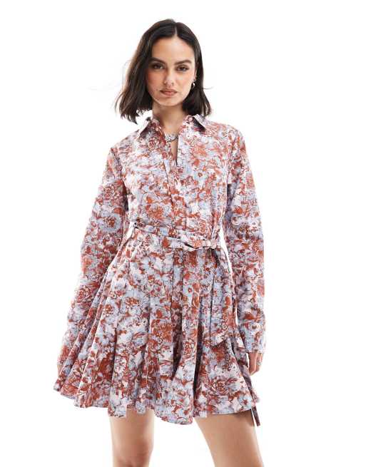 Vestido camisero corto plisado con estampado floral y falda de godets de ASOS DESIGN
