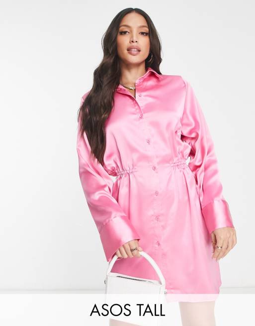 Vestido camisero corto rosa con hombreras y plisado en la cintura de satén de ASOS DESIGN Tall
