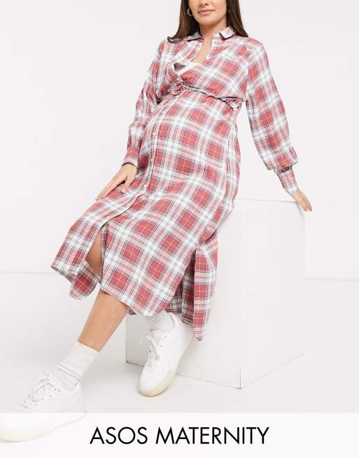 Vestido camisero de lactancia de doble capa a cuadros con botones de ASOS DESIGN Maternity
