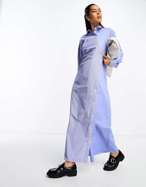 Vestido camisero largo a rayas fruncido con diseño color block de ASOS DESIGN