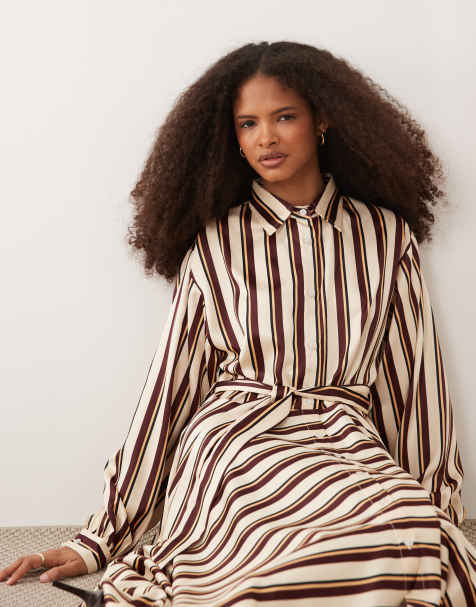 Vestido camisero largo a rayas marrones con lazada en la cintura de satén de IYAL - view 1