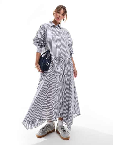 Vestido camisero largo azul a rayas con detalle de puños grandes y falda de corte amplio de ASOS DESIGN - view 1
