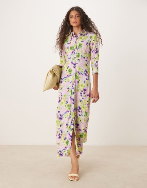 Vestido camisero largo lila pálido con estampado floral extragrande de YAS - view 1