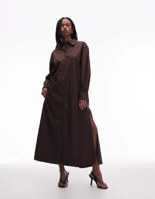 Vestido camisero largo marrón con aberturas laterales de algodón puro de ARKET - view 1