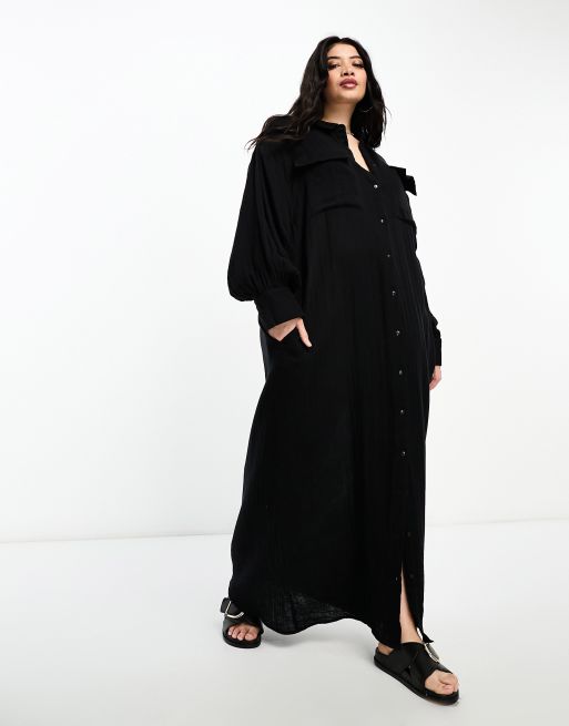 Vestido camisero largo negro extragrande de doble paño de ASOS DESIGN Curve 