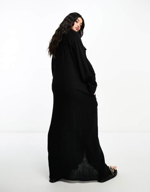 Vestido camisero largo negro extragrande de doble paño de ASOS DESIGN Curve , 2 de 4