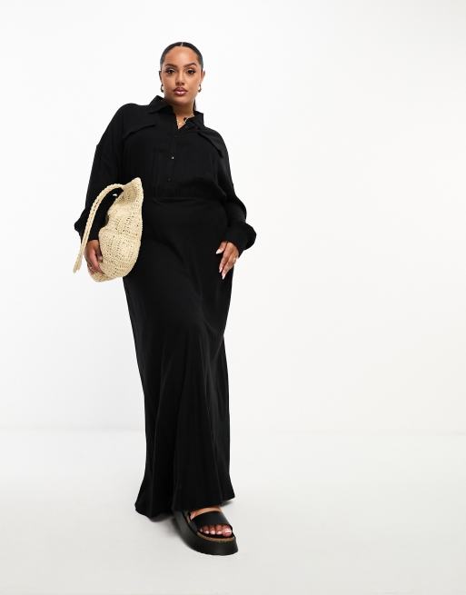 Vestido camisero largo negro utilitario con cinturón de lino de ASOS DESIGN Curve
