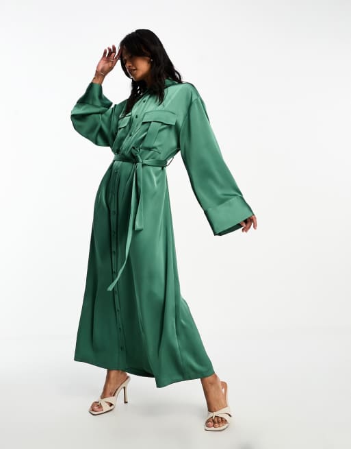 Vestido camisero largo verde de corte trapecio de satén premium de ASOS DESIGN, 4 de 4