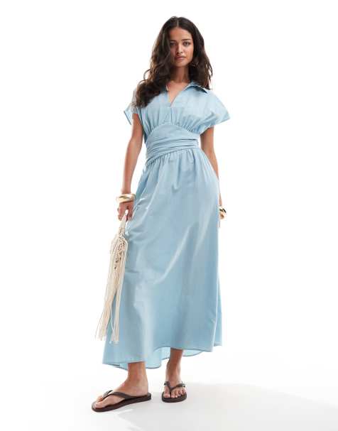 Vestido camisero midi azul con diseño envolvente en la cintura y cuello de solapas de ASOS DESIGN - view 1
