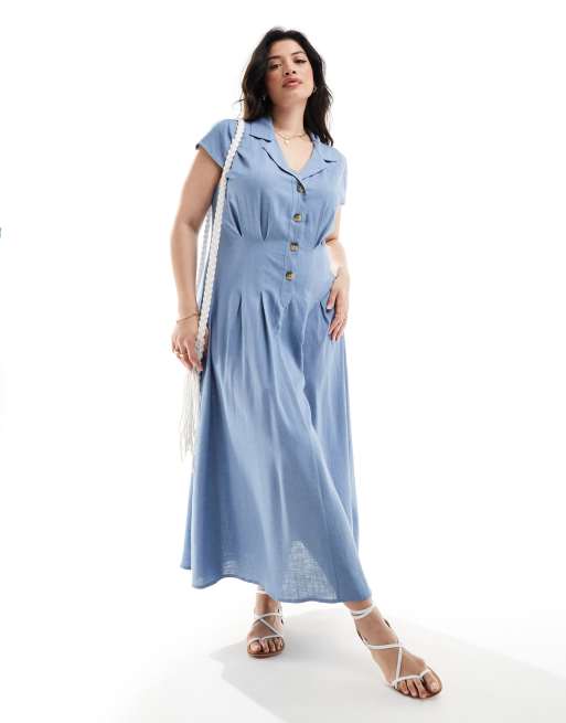 Vestido camisero midi azul con manga de casquillo y pinzas de ASOS DESIGN Curve