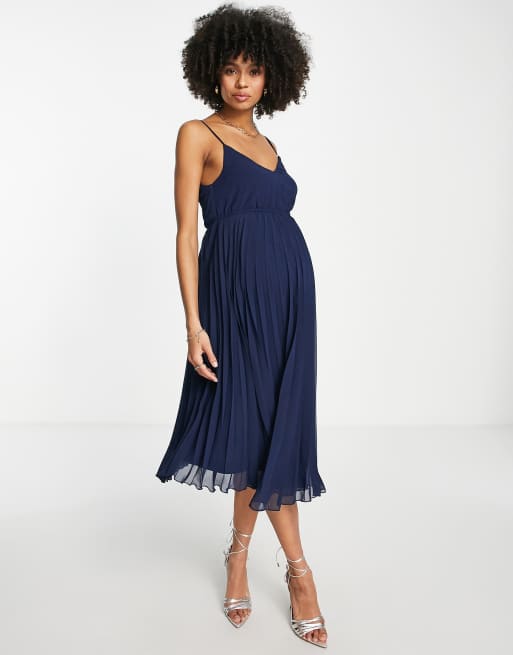 Vestido camisero midi azul marino plisado con cordón ajustable en la cintura de ASOS DESIGN Maternity, 3 de 4