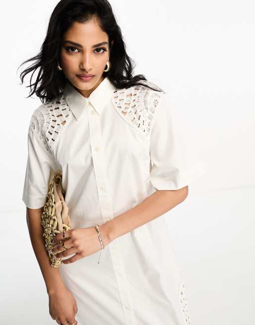 Vestido camisero midi blanco con inserto de croché de & Other Stories, 3 de 4
