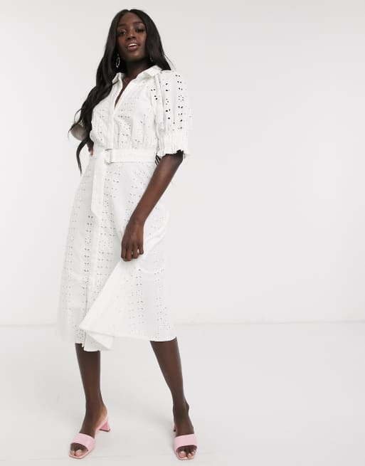 Vestido camisero midi bordado con manga abullonada y con hebilla en forma D en blanco de ASOS DESIGN | ASOS