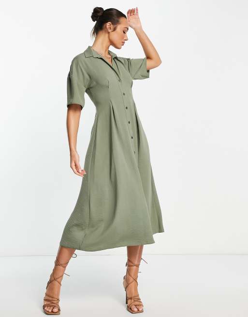 Vestido camisero midi caqui suave con botones y cintura entallada de ASOS DESIGN