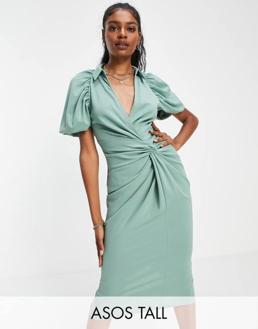 Vestido camisero midi color salvia con diseño cruzado y detalle anudado de ASOS DESIGN Tall