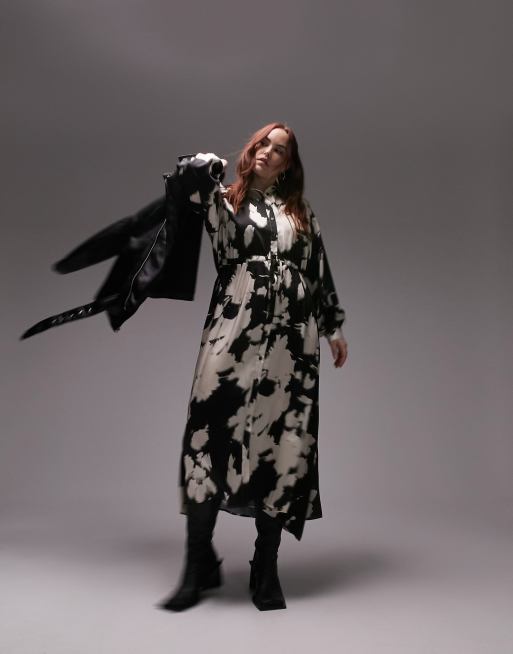 Vestido camisero midi con estampado monocromático floral de Topshop Curve
