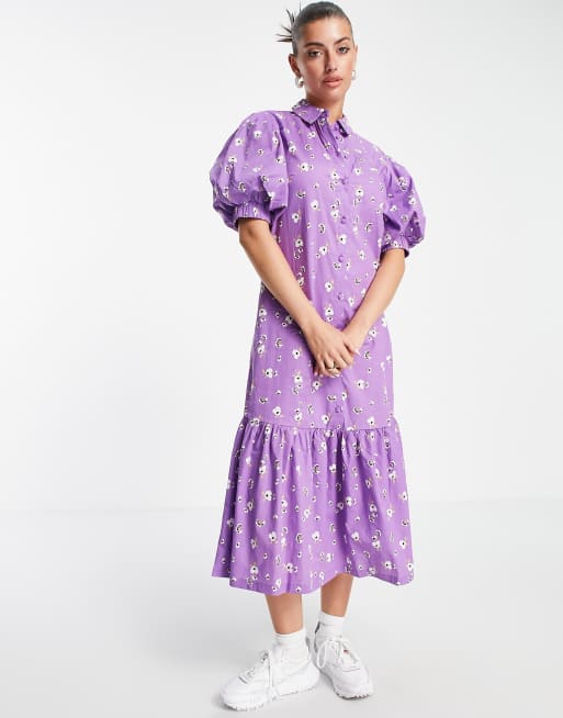 Vestido camisero midi con manga abullonada y estampado floral de Vila