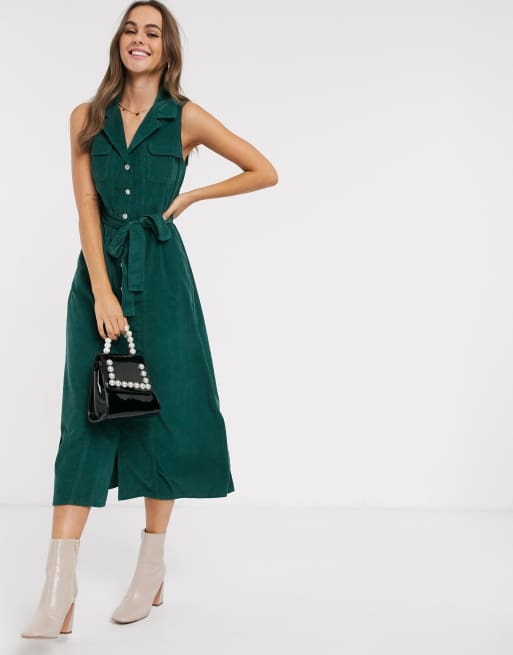 Vestido camisero midi de pana en verde de ASOS DESIGN