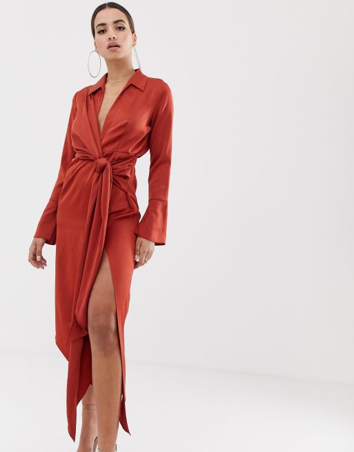 Vestido camisero midi en satén con lazada en la cintura de ASOS DESIGN ASOS