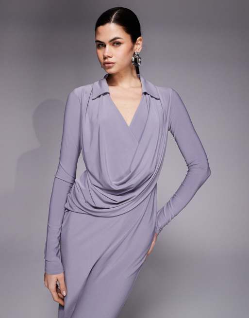 Vestido camisero midi lila drapeado de manga larga de ASOS DESIGN, 4 de 4