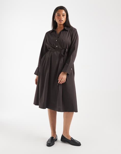 Vestido camisero midi marrón chocolate con cinturón de popelina de Vero Moda Curve - view 1