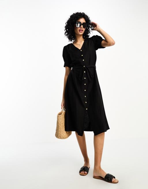 Vestido camisero midi negro con tacto efecto lino de Vila
