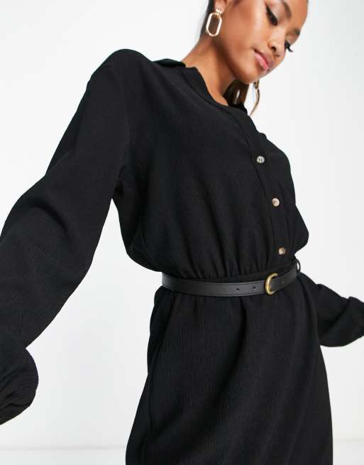 Vestido camisero midi negro de manga larga con cinturón de ASOS DESIGN, 3 de 4