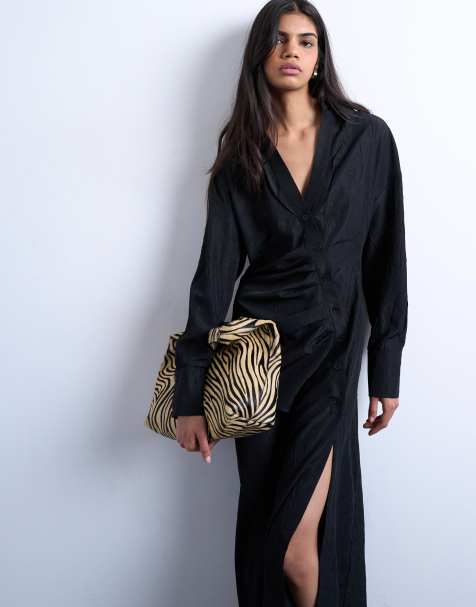 Vestido camisero midi negro de manga larga con diseño fruncido y cuello abierto de solapas de Topshop - view 1