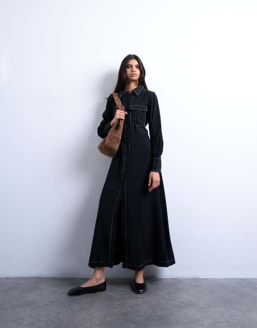 Vestido camisero midi negro de manga larga con lazada y pespuntes