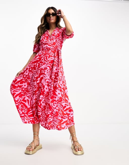 Vestido camisero midi rosa con lazada en la cintura y estampado animal de New Look
