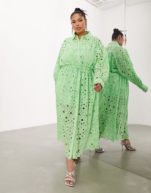 Vestido camisero midi verde luminoso de manga larga con cordón ajustable y diseño bordado de FhyzicsShops EDITION Curve