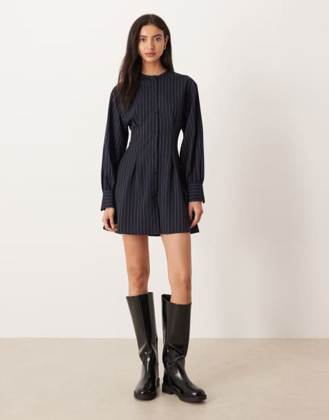 Vestido camisero negro a rayas blancas sin solapas con cintura ceñida de ASOS DESIGN - view 1