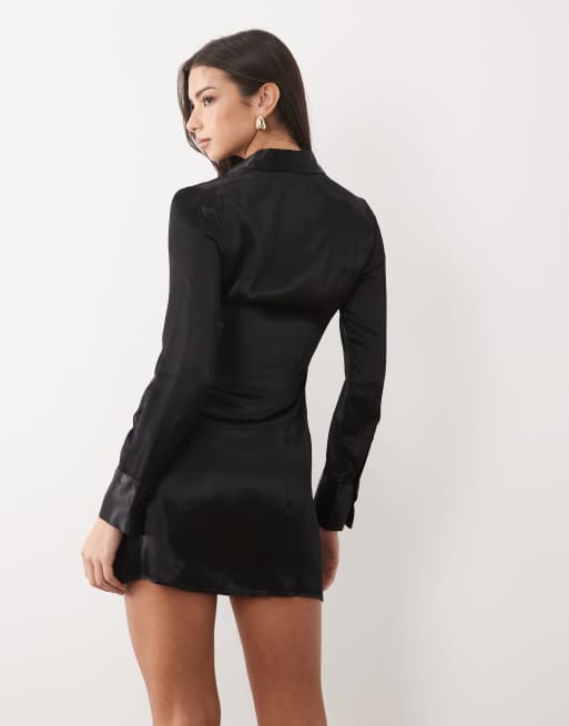 Vestido camisero negro ajustado de satén de ASOS DESIGN, 3 de 4