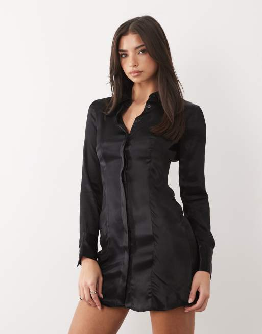 Vestido camisero negro ajustado de satén de ASOS DESIGN, 4 de 4