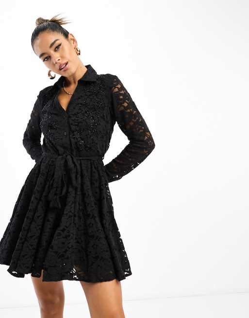 Vestido camisero negro con diseño de cuentas de River Island