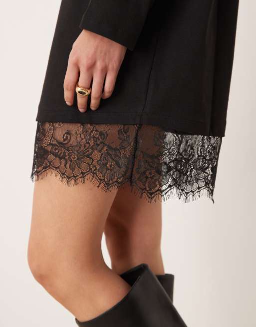 Vestido camisero negro de manga larga con ribete de encaje de ASOS DESIGN, 3 de 4