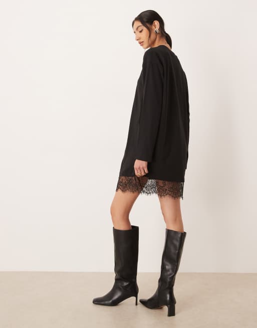 Vestido camisero negro de manga larga con ribete de encaje de ASOS DESIGN, 4 de 4