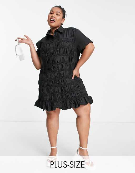Vestido camisero negro de tejido rugoso de Lola May Plus