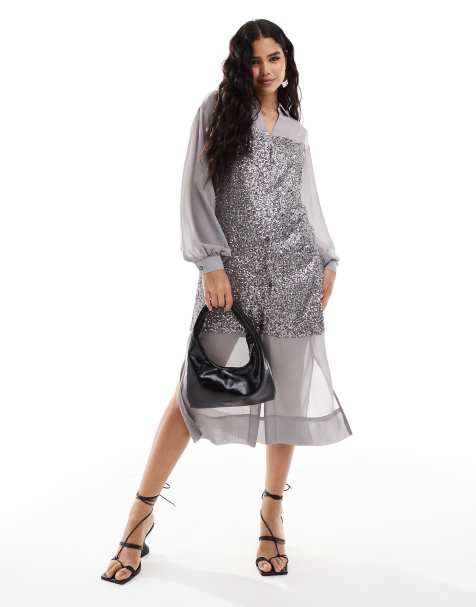Vestido camisero semilargo gris plomo de lentejuelas Lila de Never Fully Dressed - view 1