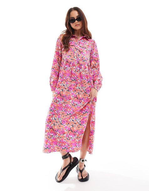 Vestido camisero semilargo rosa con estampado floral de Wednesday's Girl - view 1