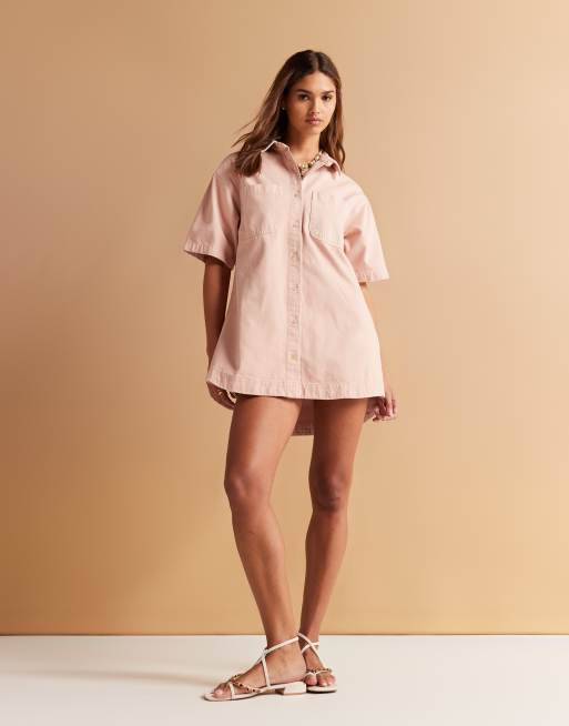 Vestido camisero vaquero color melocotón de corte cuadrado de ASOS DESIGN