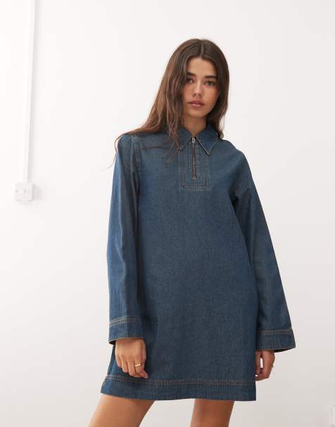 Vestido camisero vaquero corto azul medio de manga larga de Reclaimed Vintage - view 1