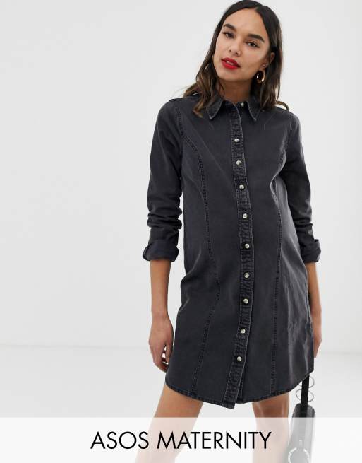 Vestido camisero vaquero tipo western ajustado en negro desgastado de ASOS DESIGN Maternity