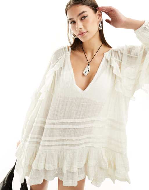 Vestido color marfil escalonado de corte amplio estilo túnica de Free People