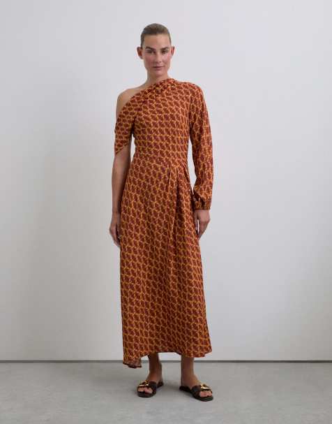 Vestido color terracota con estampado y cuello asimétrico de Scalpers - view 1