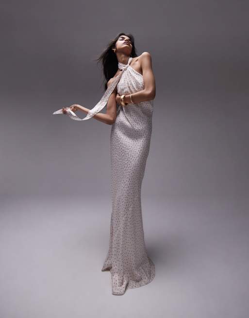 Vestido con cuello halter anudado de jacquard con lunares rojos de Topshop