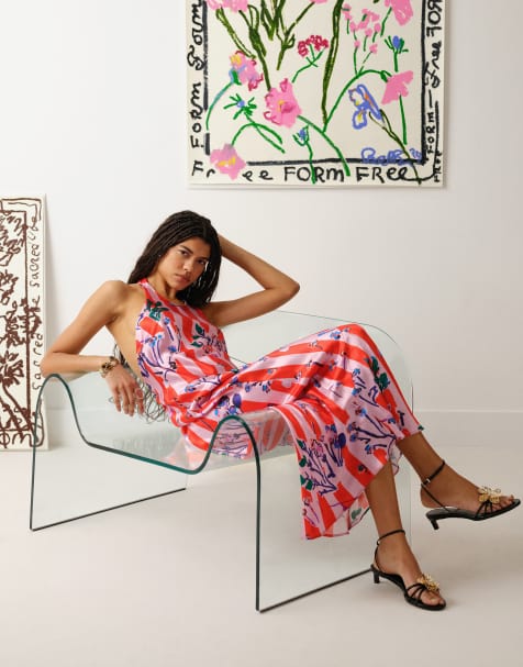 Vestido con estampado de formas abstractas y cuello halter de satén de Topshop - view 1