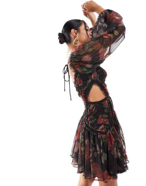 Vestido corsetero corto fruncido de manga larga con estampado floral rosa y abertura de ASOS DESIGN