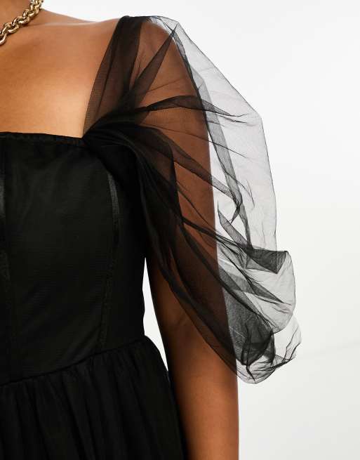 Vestido corsetero semilargo negro con volantes y escote Bardot de Lace & Beads Plus, 2 de 4