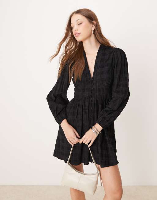 Vestido corto a cuadros azules con mangas abullonadas de pana Starlight de Nobody's Child